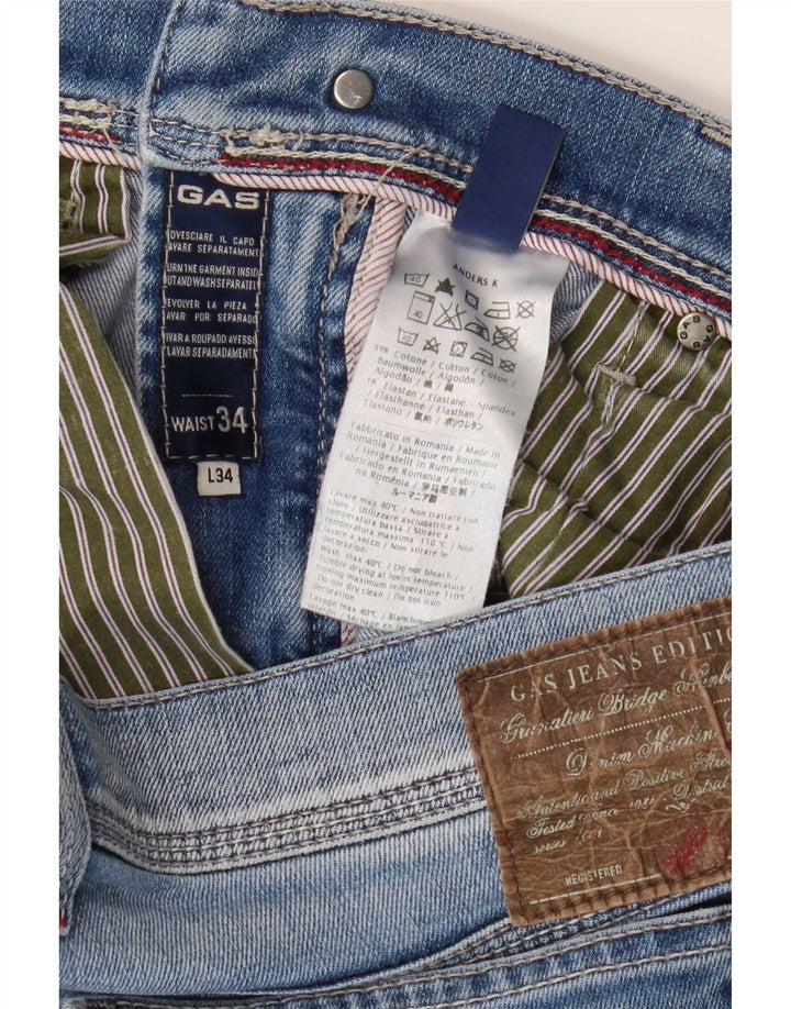 Gas Mens Distressed Slim Jeans W34 L34 Azul Algodão