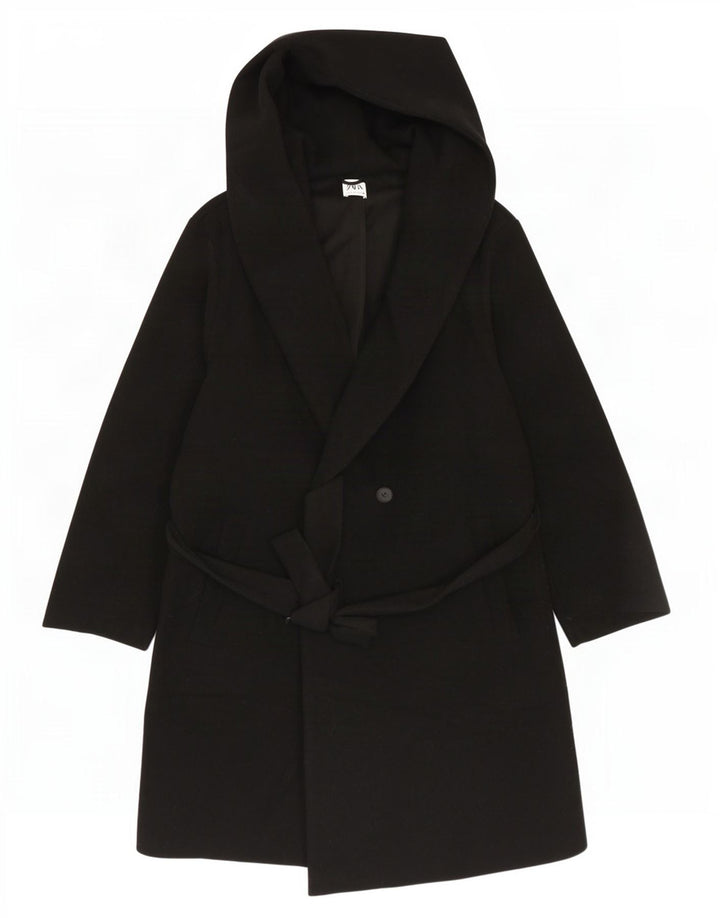 Zara Casaco feminino com capuz duplo breasted UK 18 XL preto poliéster