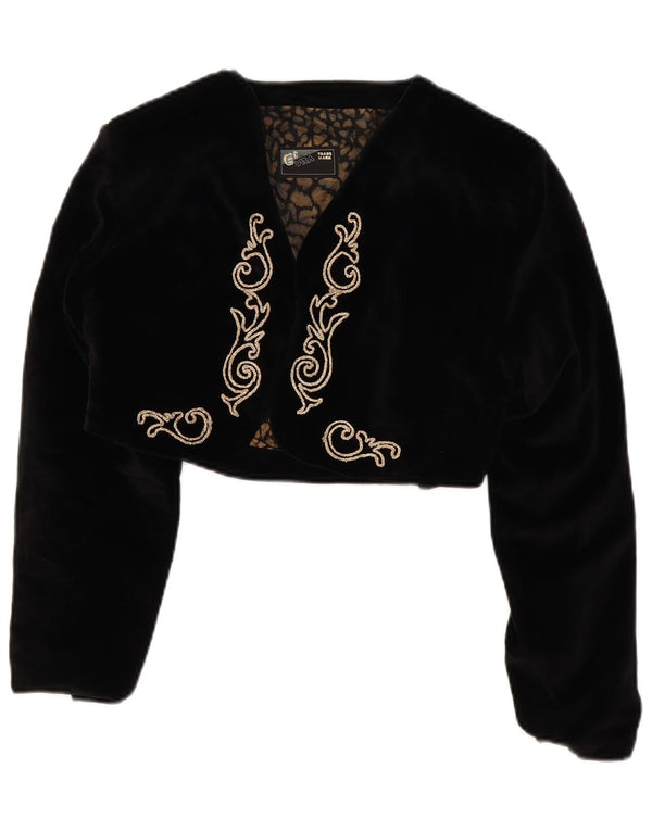 Jaqueta Bolero de Veludo Feminina Vintage Reino Unido 14 Algodão Floral Preto Médio