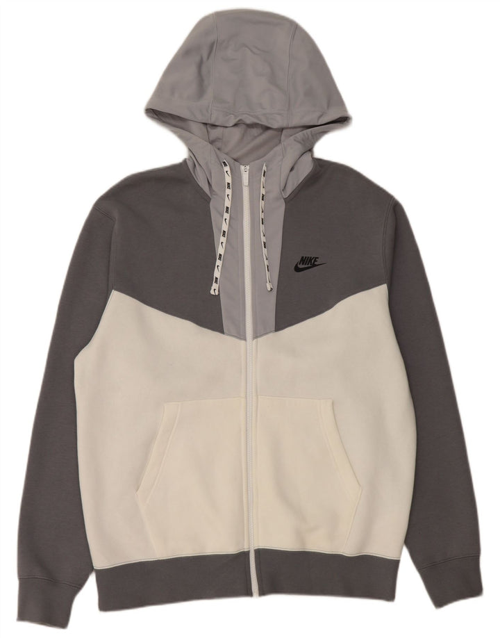 Suéter Nike masculino com capuz e zíper gráfico cinza médio algodão colorblock