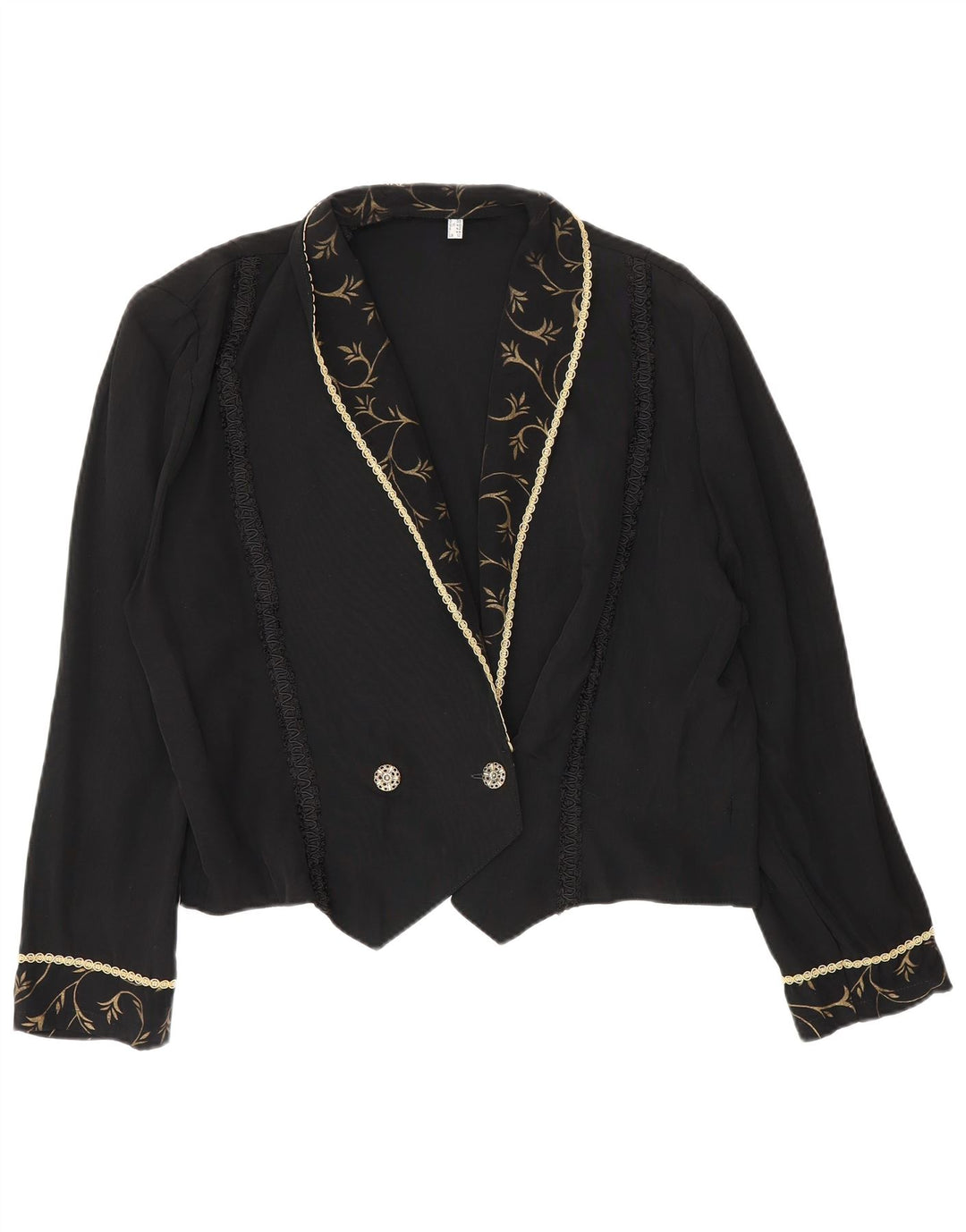 Jaqueta blazer feminina vintage com peito duplo UK 12 médio preto floral