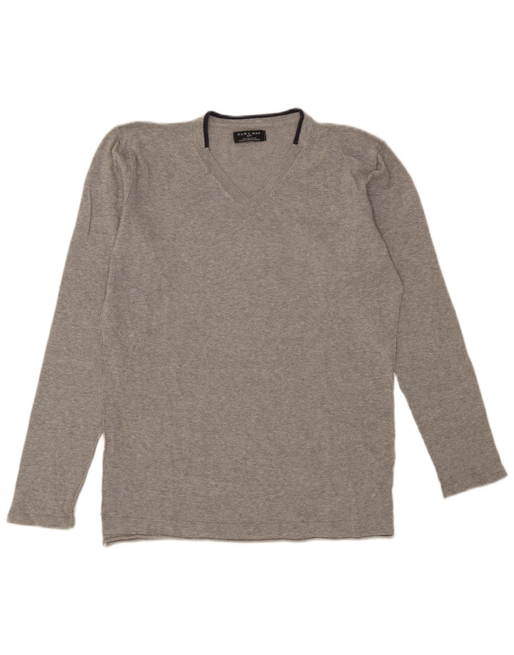 Suéter masculino Zara com decote em V grande algodão cinza