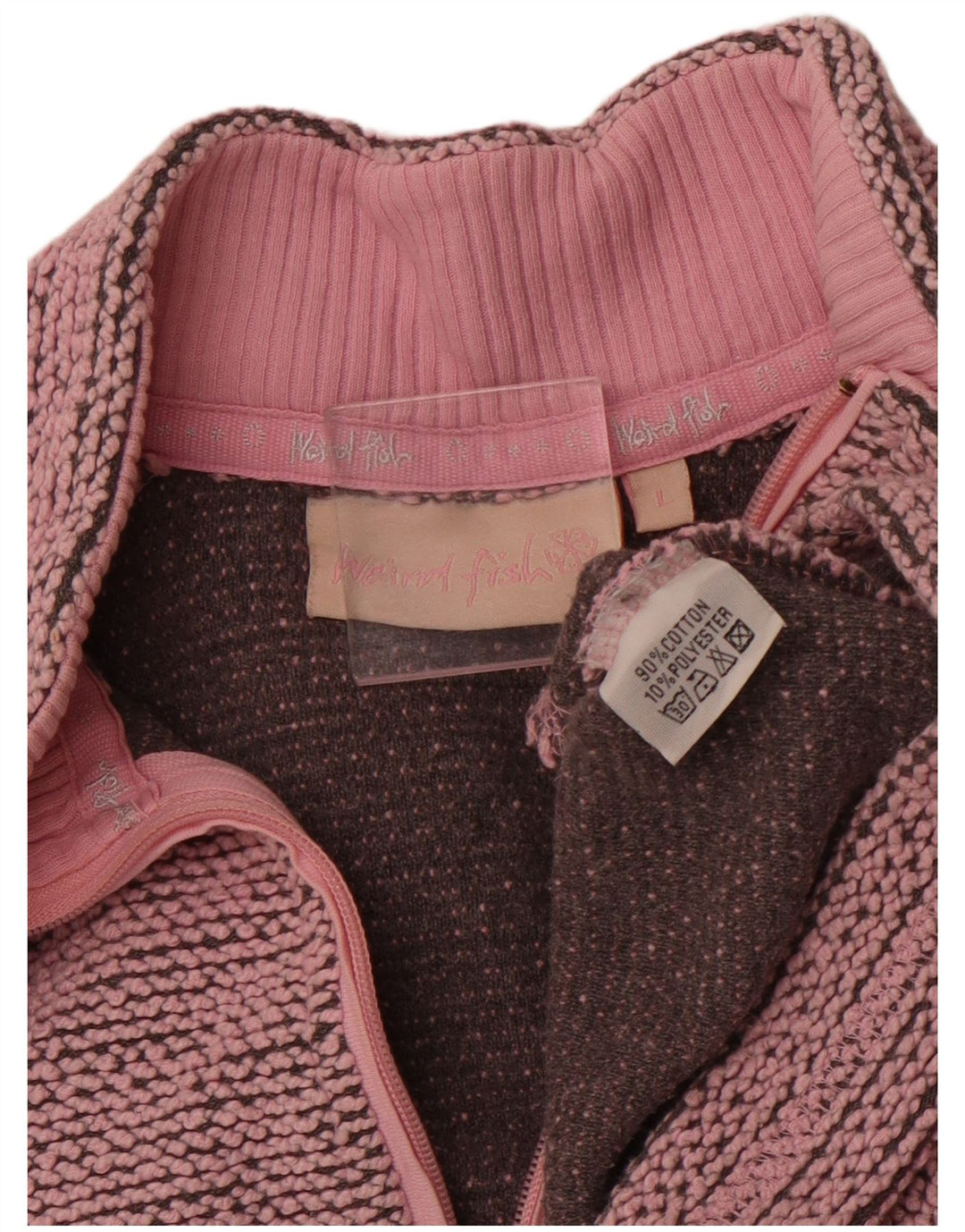 WEIRD FISH Suéter feminino com gola e zíper Reino Unido 16 grande algodão rosa