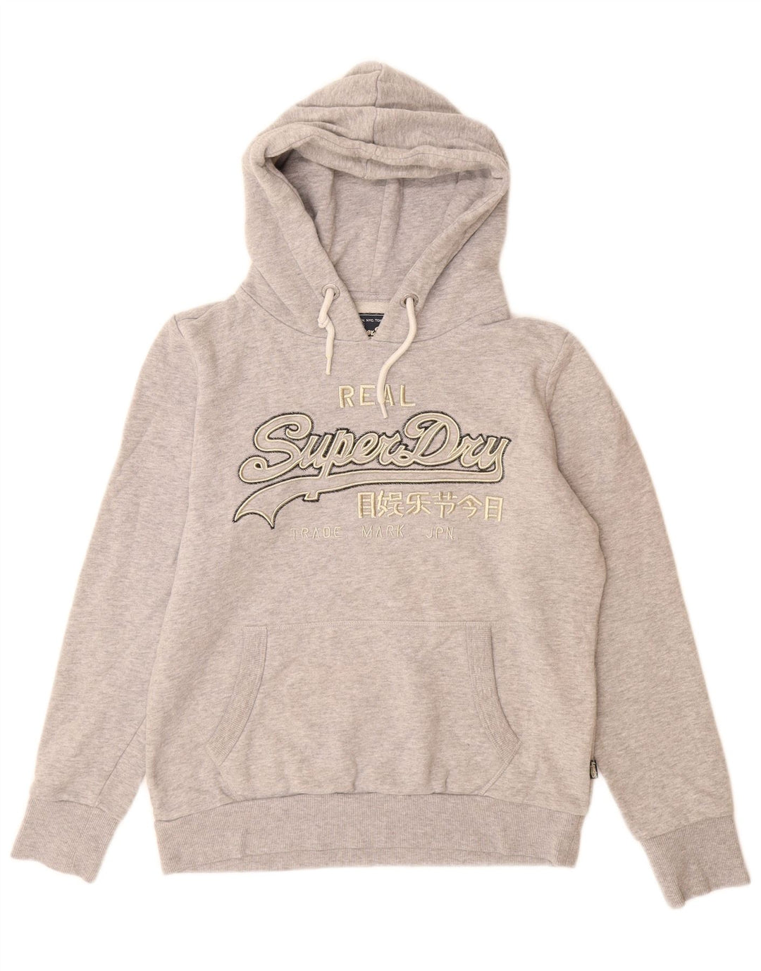 Jumper feminino com capuz gráfico SUPERDRY Reino Unido 14 grande algodão manchado cinza