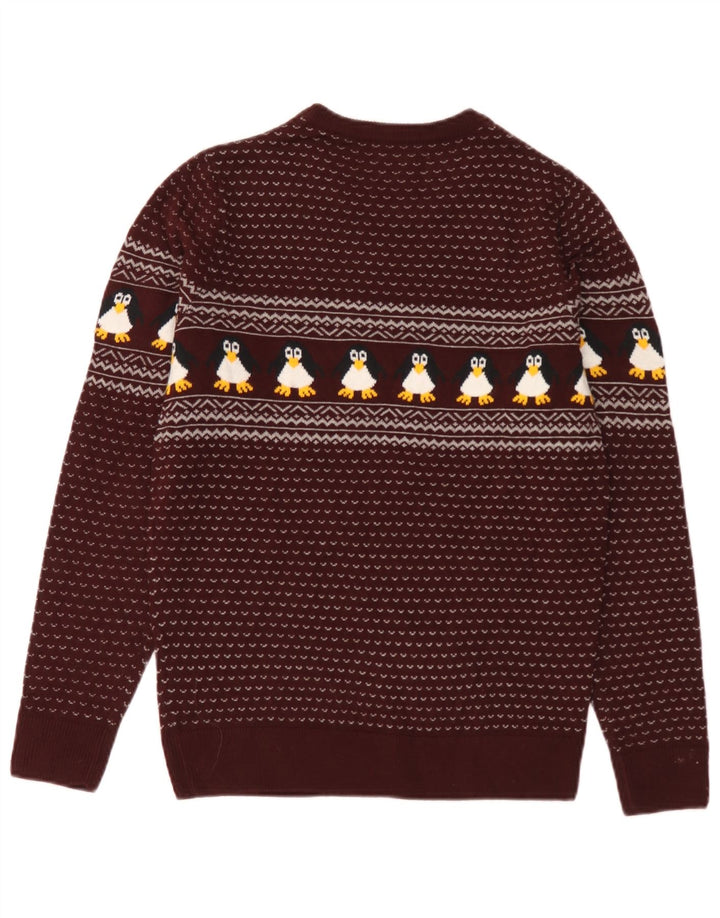 Suéter masculino Marks & Spencer com gola redonda, pequeno Borgonha Fair Isle
