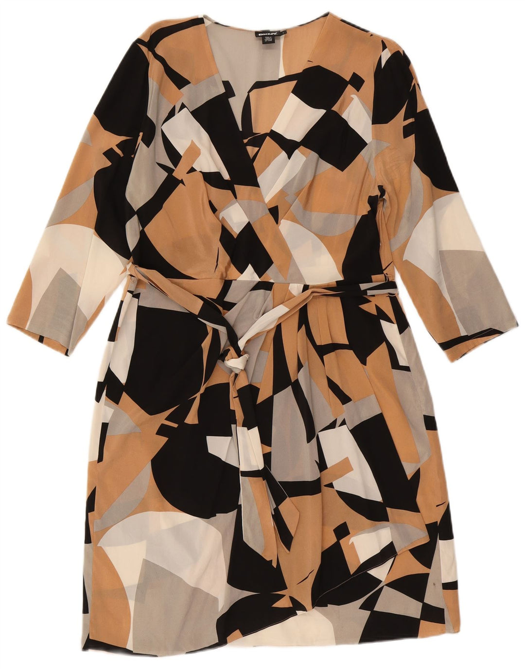 Vestido feminino DKNY manga 3/4 com bainha UK 14 grande multicolorido geométrico