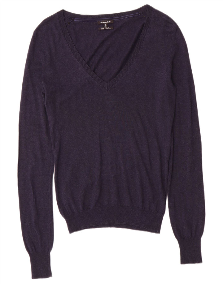 Suéter feminino Massimo Dutti com decote em V Reino Unido 12 seda azul marinho médio