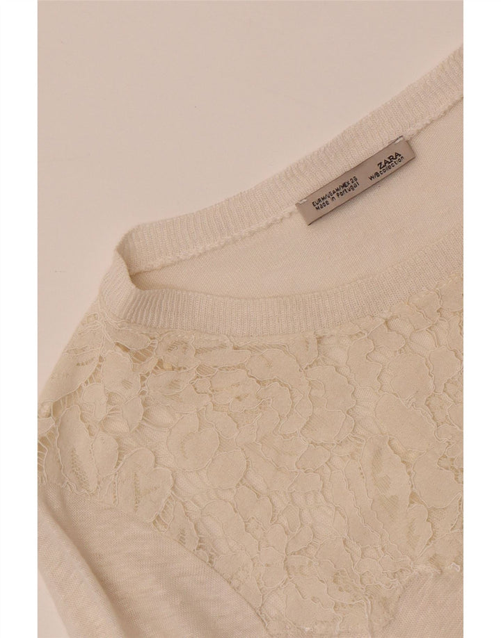 Top feminino Zara manga comprida UK 12 médio off white floral