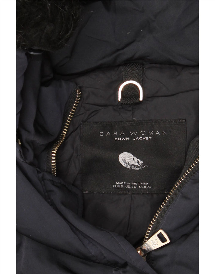 Jaqueta acolchoada com capuz feminina ZARA UK 10 pequena azul marinho nylon