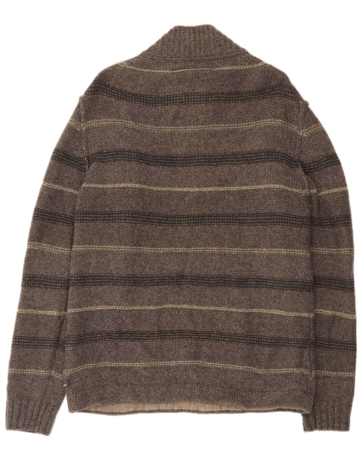 Suéter masculino branco com zíper e gola em lã de cordeiro grande listrada cinza