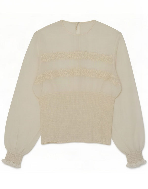Blusa feminina vintage de manga comprida UK 10 pequeno floral branco