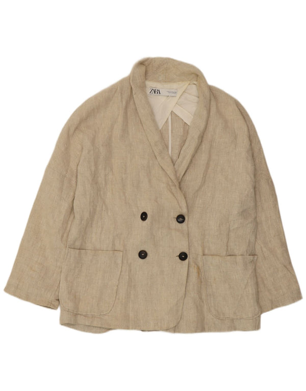 Jaqueta blazer feminina Zara com peito duplo Reino Unido 14 linho bege médio
