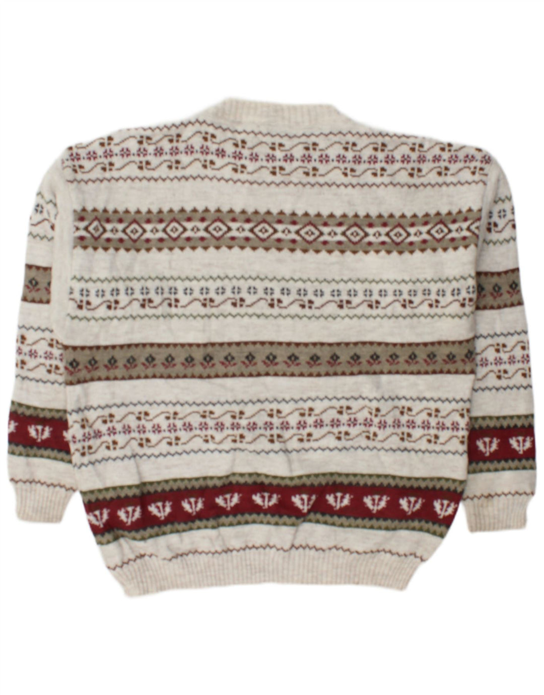 Suéter masculino vintage com gola redonda, grande lã geométrica branca
