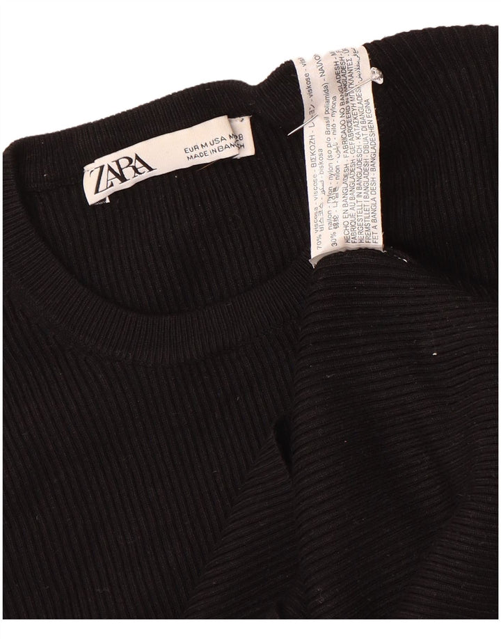 Zara Top curto feminino manga 3/4 Reino Unido 12 viscose preta média