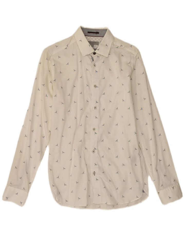 Camisa masculina Ted Baker com padrão abstrato tamanho 2 pequeno algodão branco