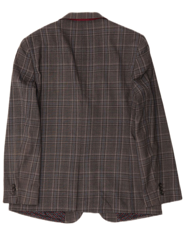 Jaqueta blazer masculina longa de 2 botões Ted Baker Reino Unido 44 2XL lã xadrez cinza