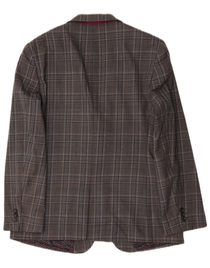 Jaqueta blazer masculina longa de 2 botões Ted Baker Reino Unido 44 2XL lã xadrez cinza