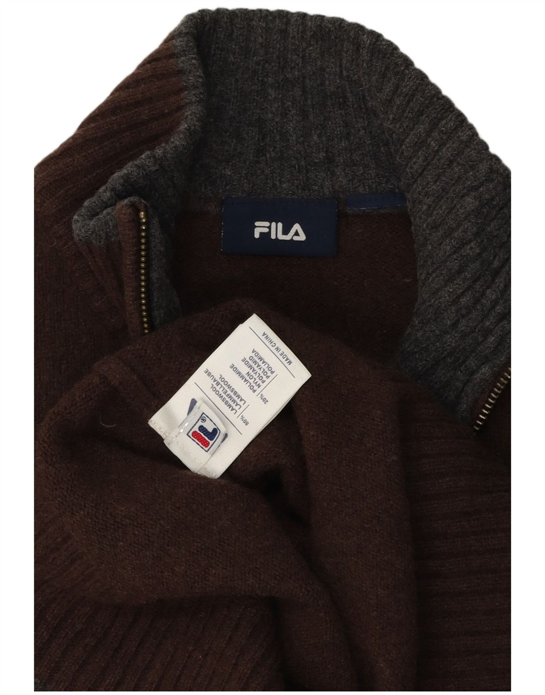 Suéter masculino Fila com zíper e gola alta em lã de carneiro marrom grande