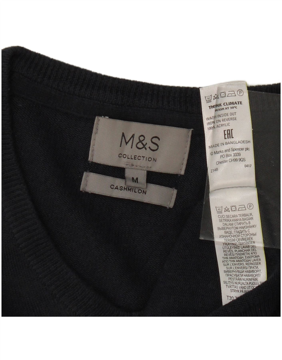 MARKS & SPENCER Suéter masculino com decote em V médio azul marinho acrílico