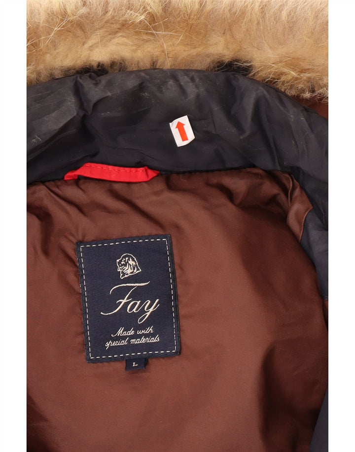 Jaqueta acolchoada com capuz masculina FAY UK 40 grande poliéster azul marinho