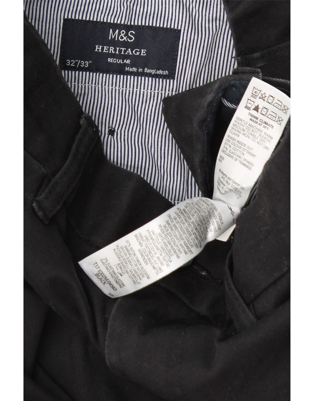 Calça chino masculina Marks & Spencer Heritage regular W32 L33 algodão preto
