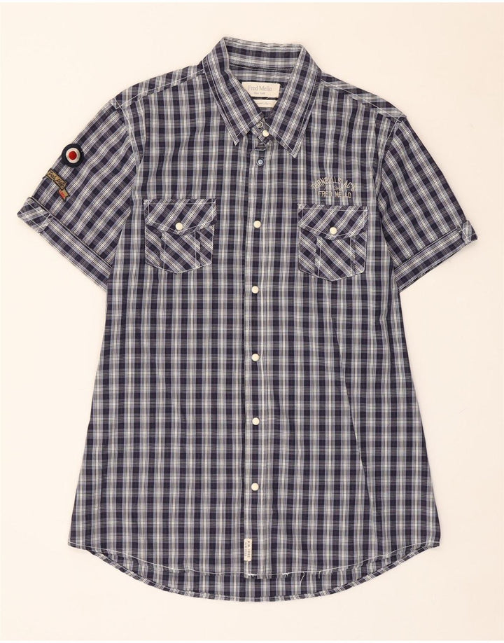 Camisa masculina de manga curta Fred Mello grande algodão xadrez azul marinho