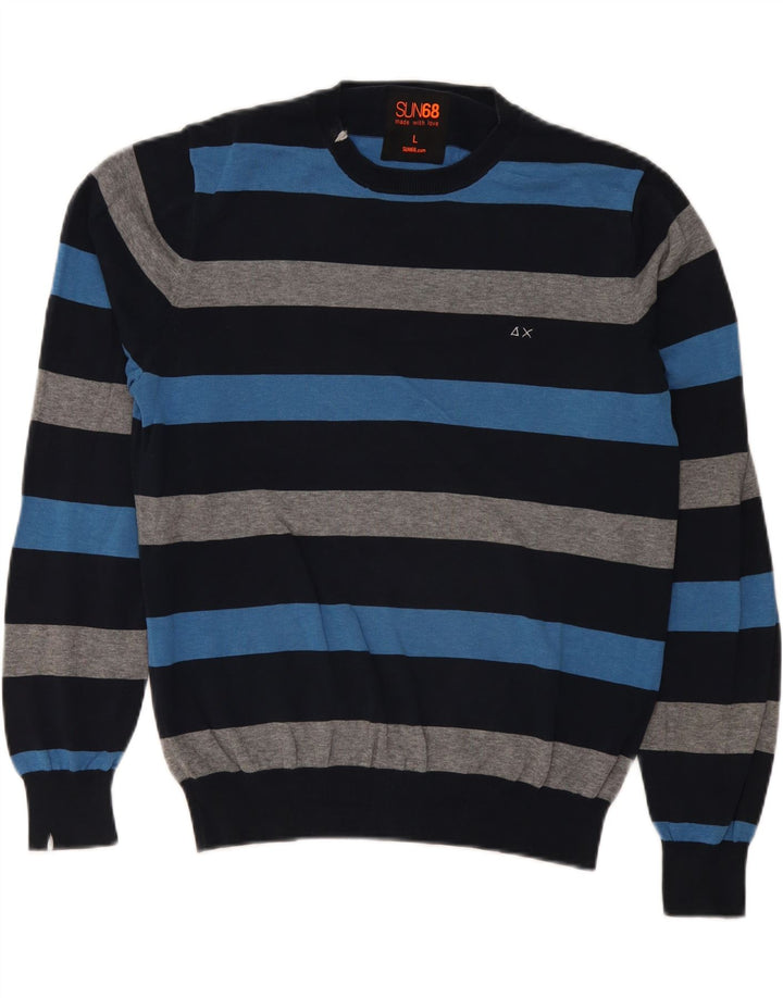 Suéter masculino Sun68 com gola redonda, grande algodão listrado azul