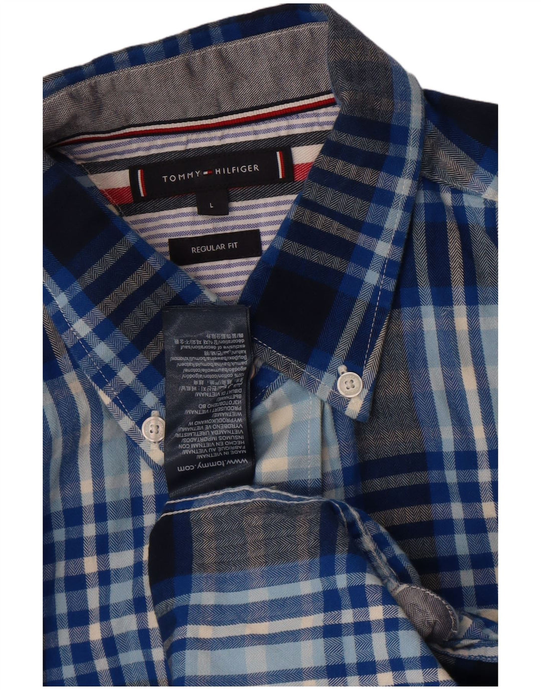 Camisa masculina Tommy Hilfiger Regular Fit grande algodão xadrez azul