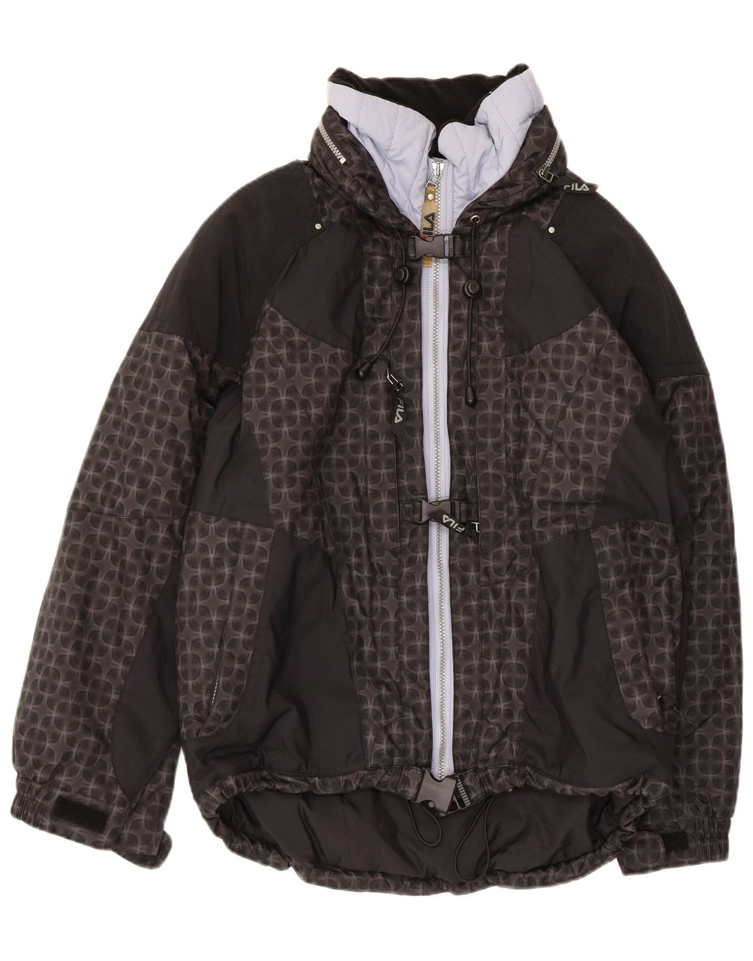 Jaqueta de esqui feminina com capuz grande FILA US 6 médio preto geométrico