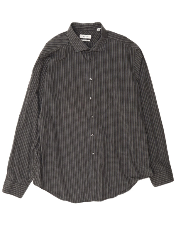 Camisa masculina Calvin Klein Slim Fit tamanho 17 XL cinza xadrez algodão