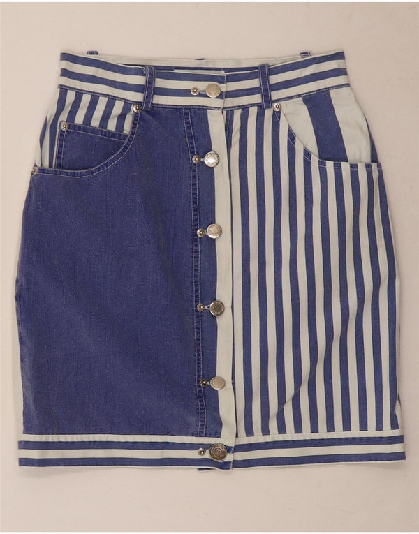 Mini saia lápis feminina vintage Reino Unido 8 pequena W26 algodão listrado azul marinho