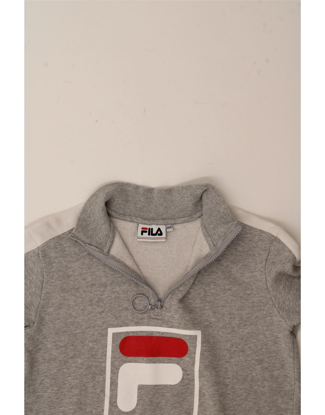 FILA Womens Graphic Zip Neck Sweatshirt Jumper UK 2 2XS Grey Cotton Vintage Fila and Second-Hand Fila from Messina Hembry 