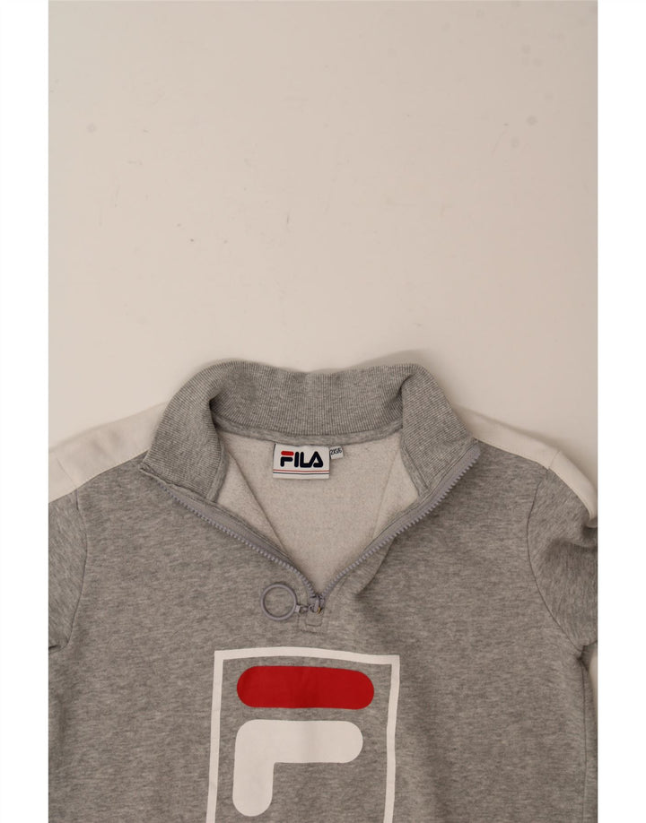 FILA Womens Graphic Zip Neck Sweatshirt Jumper UK 2 2XS Grey Cotton Vintage Fila and Second-Hand Fila from Messina Hembry 