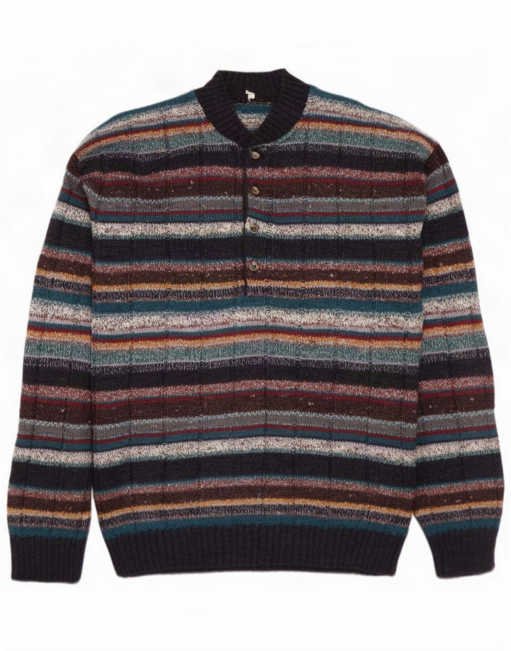 Suéter masculino vintage com gola de botão, lã listrada multicolorida média