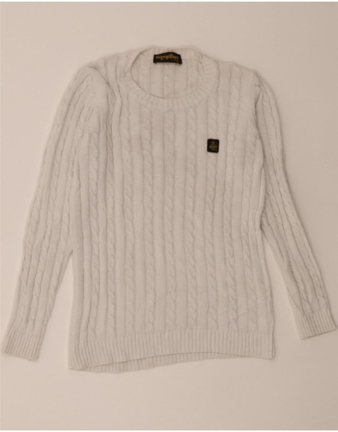 REFRIGIWEAR Womens Crew Neck Jumper Sweater UK 12 Medium White Cotton Vintage Refrigiwear and Second-Hand Refrigiwear from Messina Hembry 