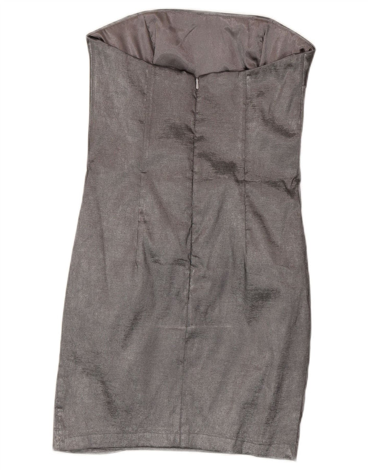 Vestido feminino sem alças Jessica McClintock EUA 8 poliéster prateado médio