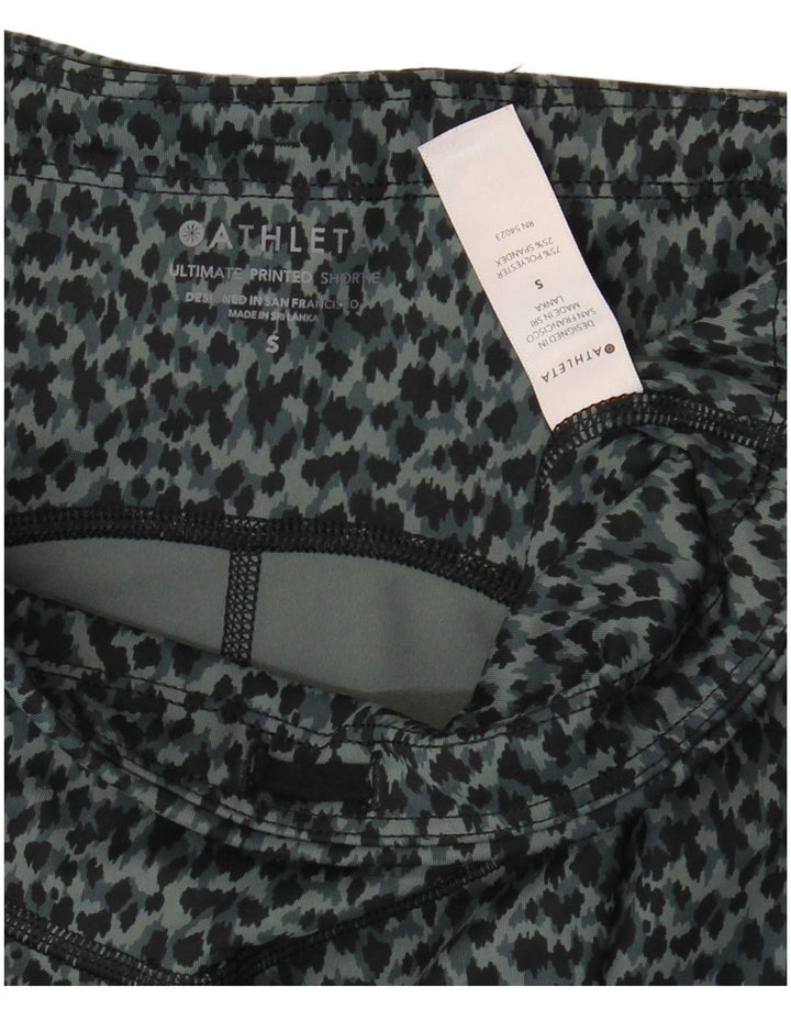 Shorts esportivos femininos Athleta UK 8 poliéster estampado animal cinza pequeno