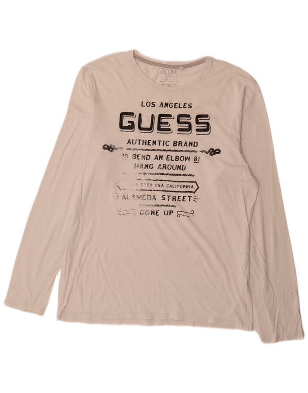 Guess Mens Slim Fit Gráfico Top Manga Longa Grande Branco
