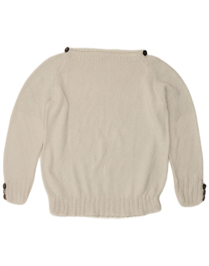Suéter feminino vintage com gola canoa UK 12 médio branco