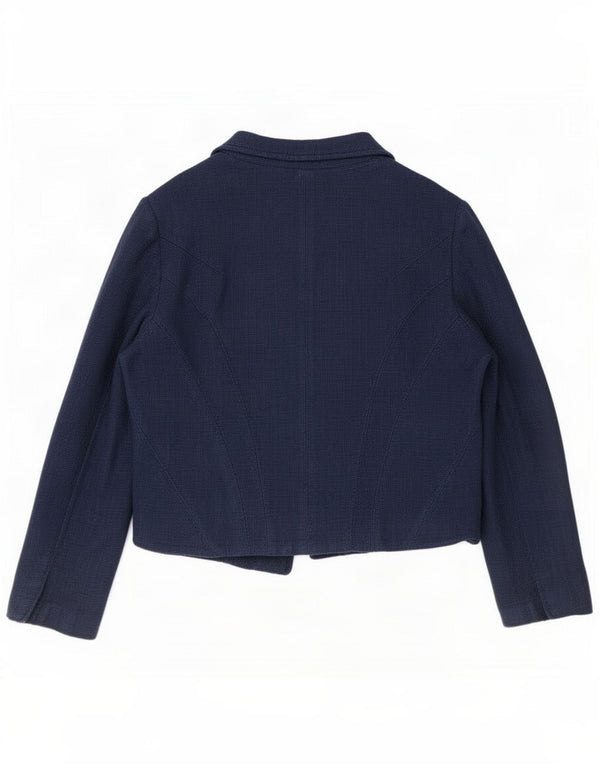 Zara Womens Crop Open Blazer Jacket Reino Unido 14 Grande Algodão Azul Marinho