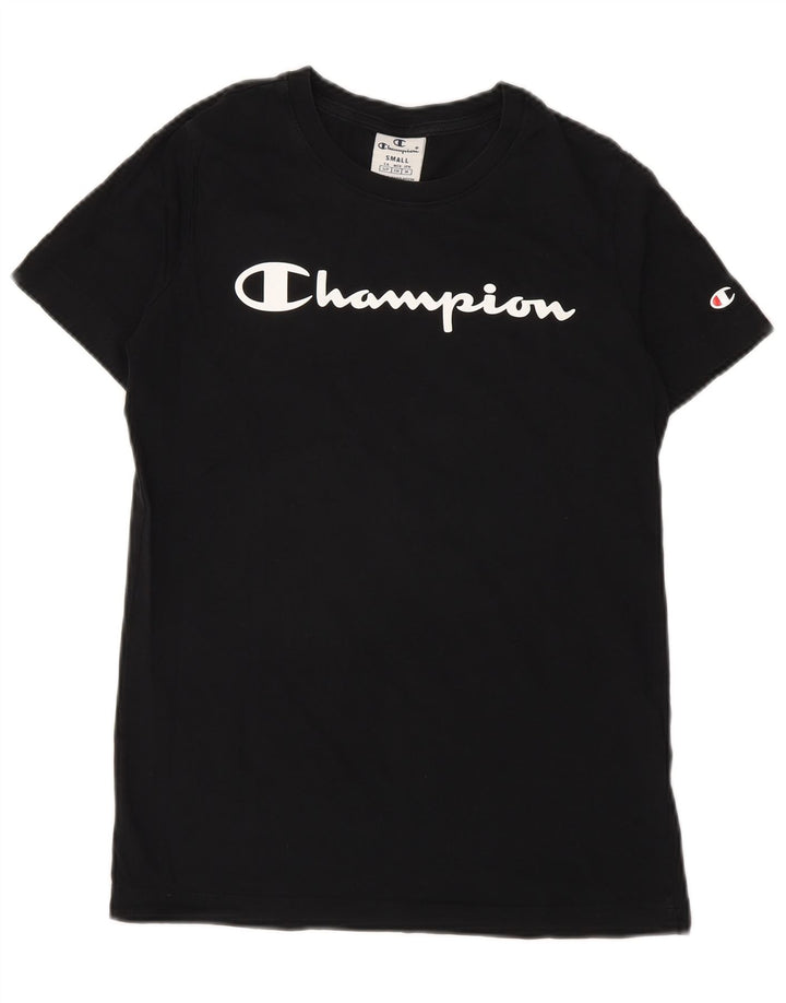 Camiseta feminina estampada Champion pequena de algodão preto