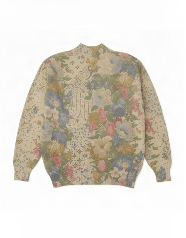 Suéter feminino vintage com gola tartaruga Reino Unido 16 grande verde floral