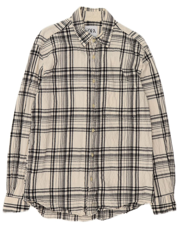 Zara Camisa masculina de flanela com ajuste relaxado médio algodão xadrez branco