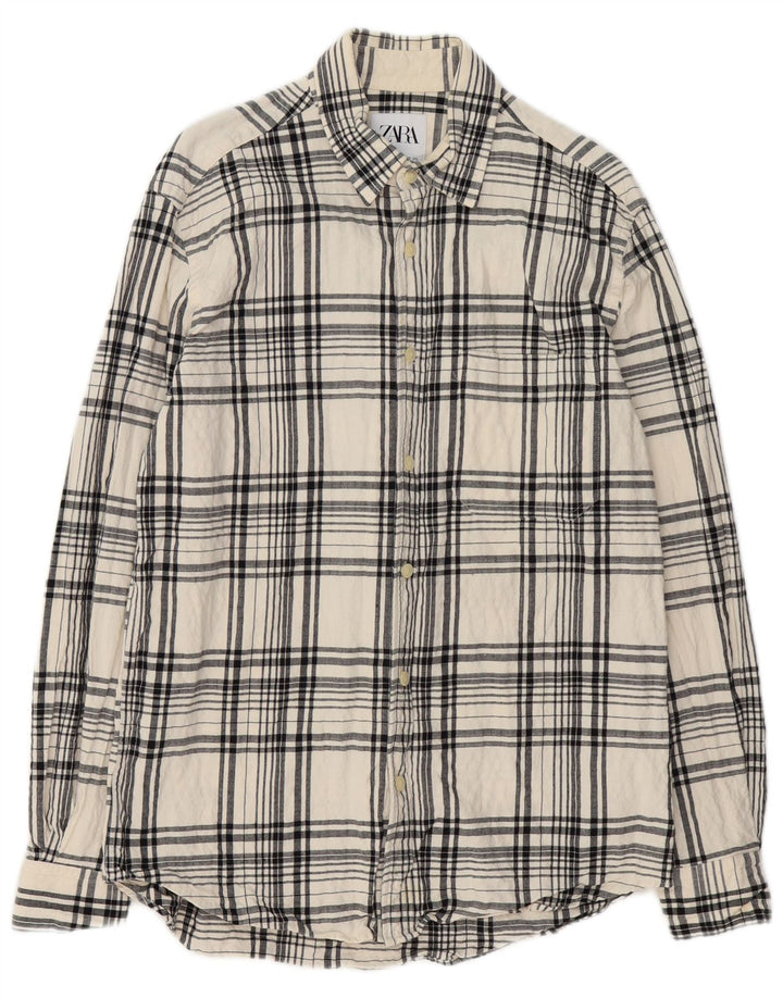 Zara Camisa masculina de flanela com ajuste relaxado médio algodão xadrez branco