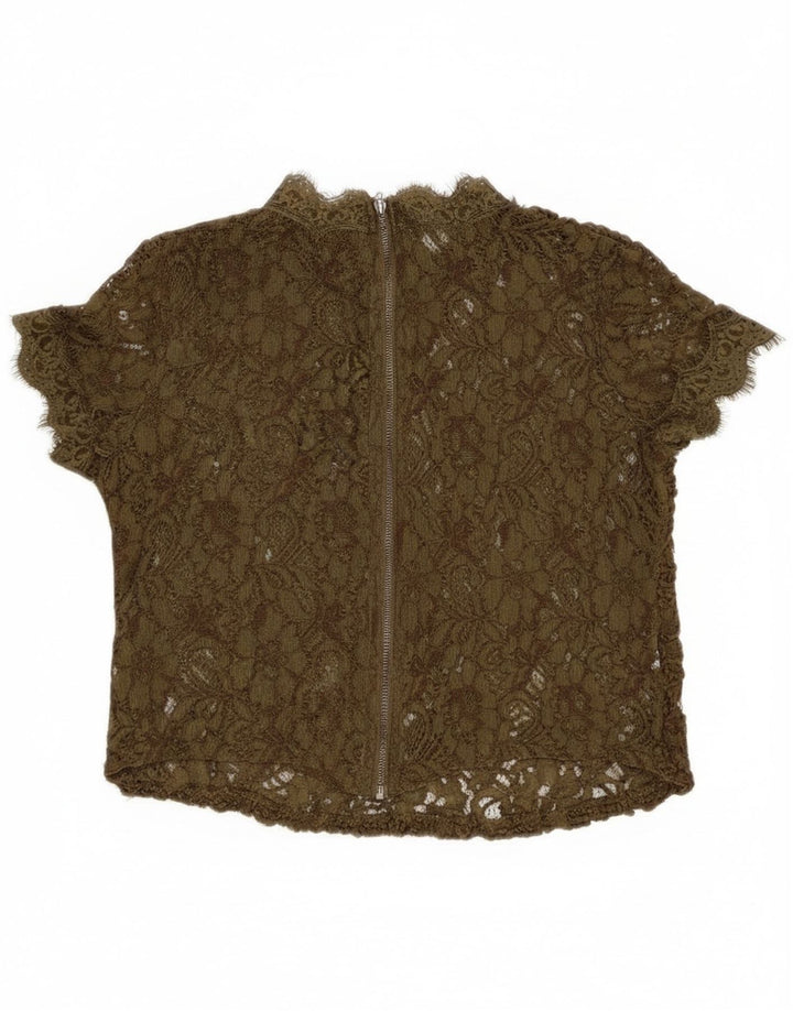 Blusa feminina Zara de renda transparente Reino Unido 8 pequena cáqui