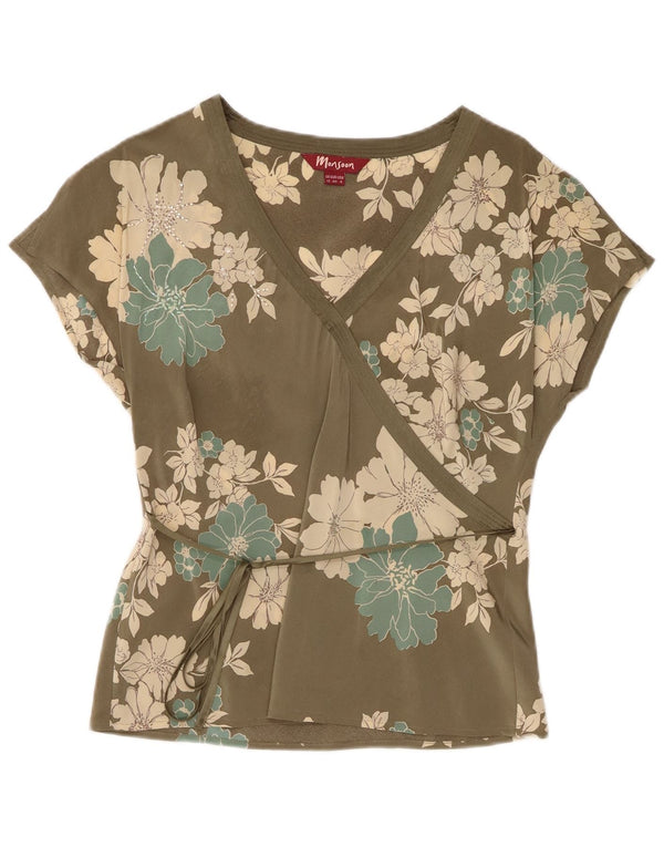 Blusa feminina Monsoon Top UK 12 seda floral verde médio