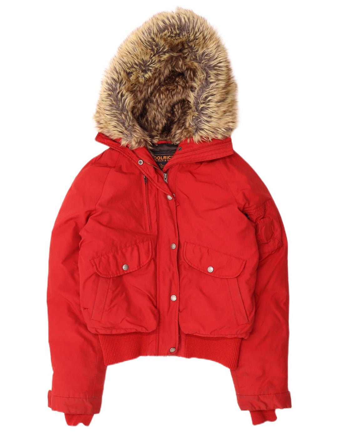 Jaqueta feminina acolchoada com capuz Woolrich UK 14 nylon vermelho médio