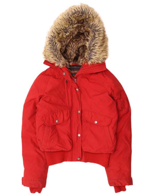 Jaqueta feminina acolchoada com capuz Woolrich UK 14 nylon vermelho médio