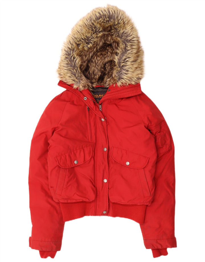 Jaqueta feminina acolchoada com capuz Woolrich UK 14 nylon vermelho médio