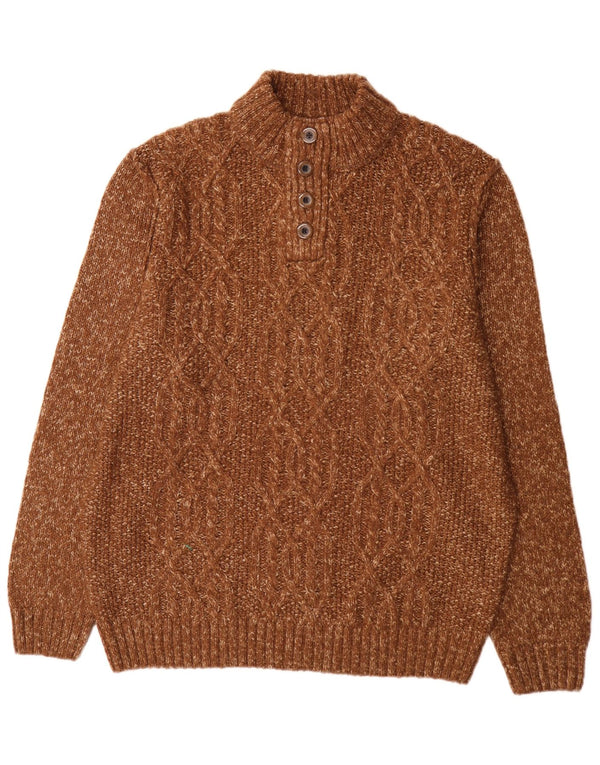 C&A Mens Button Neck Jumper Sweater XL Brown Flecked Acrylic